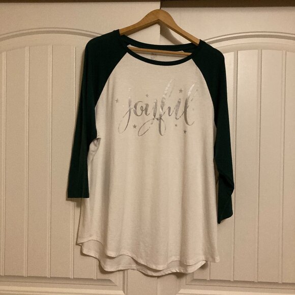 State of Mine Joyful Raglan Shirt 2XL White Green Sleeves Polyester Rayon Blend - Picture 1 of 3